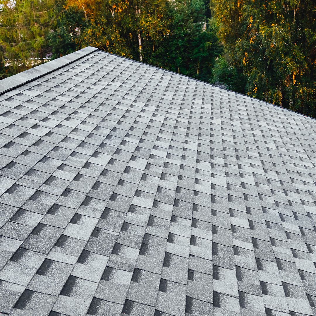 Close up image of a grey shingle roof